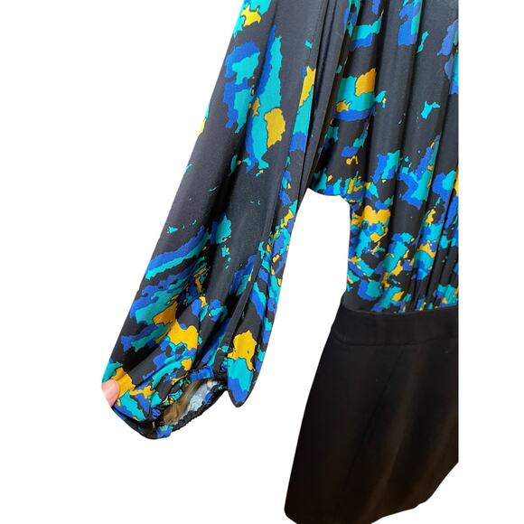 BCBGMaxazria Women 6 Abstract Paint Blue Blouson Dress Cowl‎ Neck Business - Picture 5 of 14